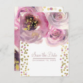 ピンクとゴールドのモダンな花の水彩画 Save the Date 案内ポストカード (正面/裏面)