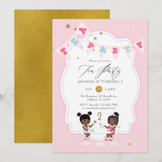ピンクとゴールドのラメが輝く女の子の2歳の誕生日ティーパーティー 招待状 (正面/裏面)