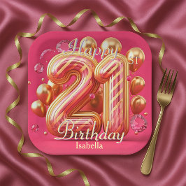ピンクとゴールドのラメ入りドリップ 21歳の誕生日お祝い ペーパープレート