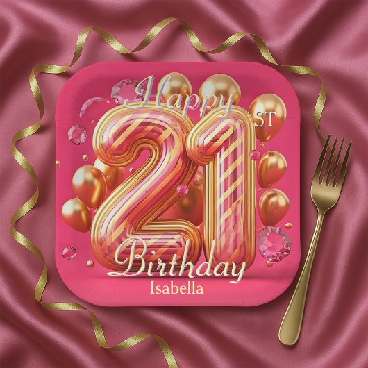 ピンクとゴールドのラメ入りドリップ 21歳の誕生日お祝い ペーパープレート