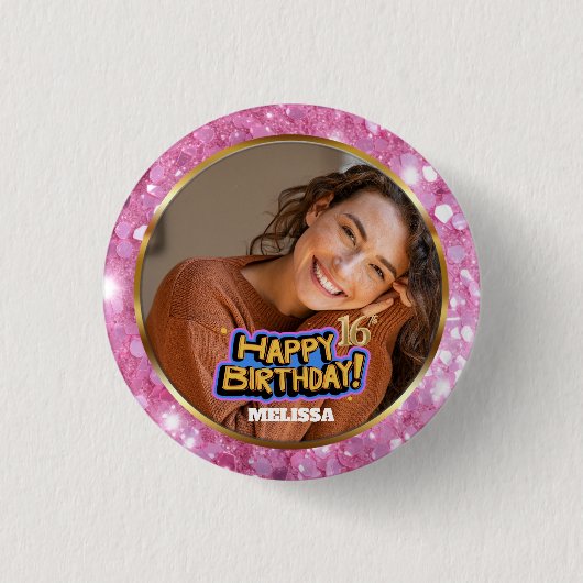 ピンクとゴールドのラメ 写真 名前 16歳の誕生日 缶バッジ (正面)