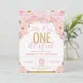 ピンクとゴールドのリトルミスオンデァフル1歳の誕生日 招待状 (スタンド正面)