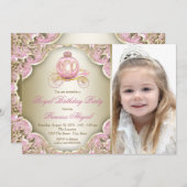 ピンクとゴールドのロイヤルプリンセス フォト バースデーパーティー 招待状 (正面/裏面)