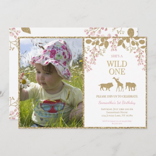 ピンクとゴールドのワイルドワン 1歳の女の子の誕生日写真 招待状 (正面/裏面)
