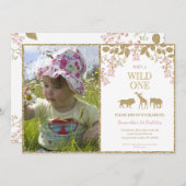 ピンクとゴールドのワイルドワン 1歳誕生日ガール フォト 招待状 (正面/裏面)