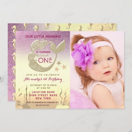 ピンクとゴールドの人魚 1歳の誕生日 招待状 (正面/裏面)
