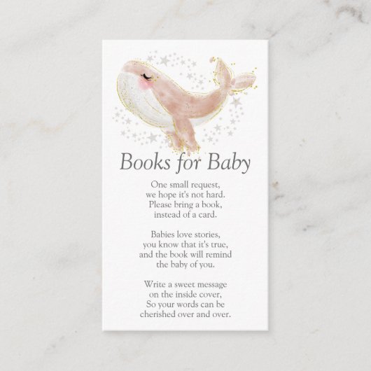 ピンクとゴールドの可愛いクジラの絵本 ベビーシャワーのお祝いカード エンクロージャーカード (正面)