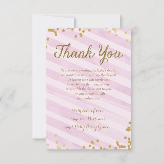 ピンクとゴールドの女の子ベイビーシャワー Thank you 招待状 (正面)
