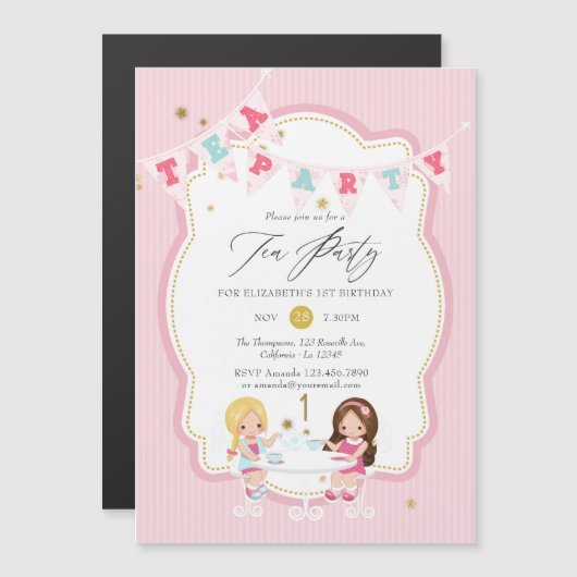 ピンクとゴールドの女の子1歳の誕生日ティーパーティー マグネット招待状 (正面/裏面)