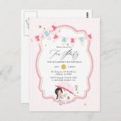 ピンクとゴールドの女の子 3歳の誕生日ティーパーティー ポストカード (正面/裏面)