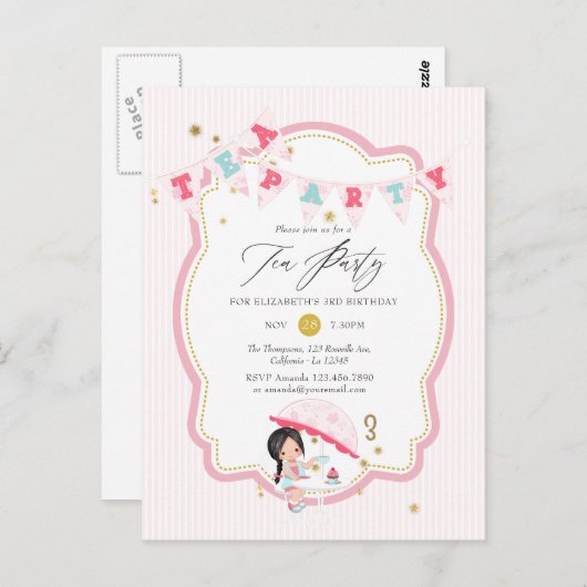 ピンクとゴールドの女の子 3歳の誕生日ティーパーティー ポストカード (正面/裏面)