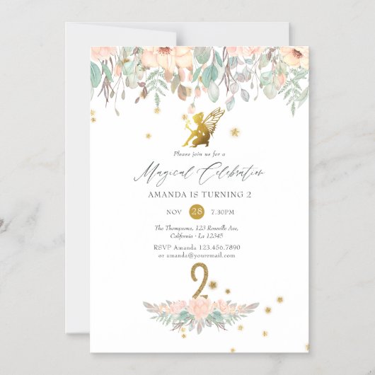 ピンクとゴールドの妖精をテーマにした女の子の2歳の誕生日パーティー マグネット招待状 (正面)
