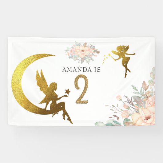 ピンクとゴールドの妖精をテーマにした女の子の2歳の誕生日パーティー 横断幕 (横)