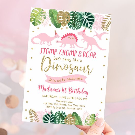 ピンクとゴールドの恐竜の女の子の誕生日 招待状