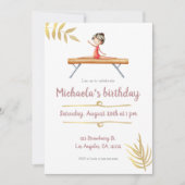 ピンクとゴールドの新体操の女の子 ビーム 誕生日 招待状 (正面)