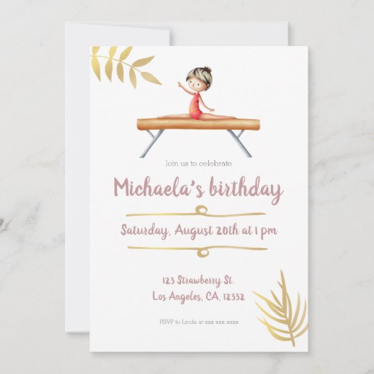 ピンクとゴールドの新体操の女の子 ビーム 誕生日 招待状 (正面)