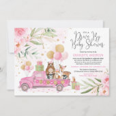 ピンクとゴールドの森のドライブスルー ベビーシャワー 招待状 (正面)