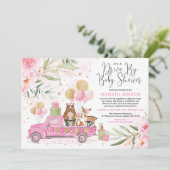 ピンクとゴールドの森のドライブスルー ベビーシャワー 招待状 (スタンド正面)