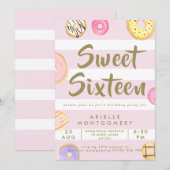 ピンクとゴールドの水彩ドーナツ スイート16パーティー 招待状 (正面/裏面)
