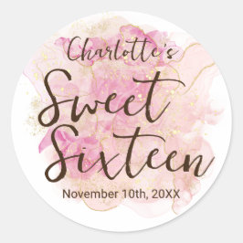 ピンクとゴールドの水彩画デザインが可愛いSweet16パーティー ラウンドシール