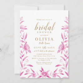 ピンクとゴールドの水彩花のブライダルシャワー 招待状