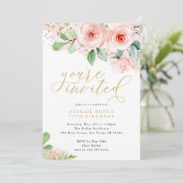 ピンクとゴールドの水彩花、ご招待します 招待状