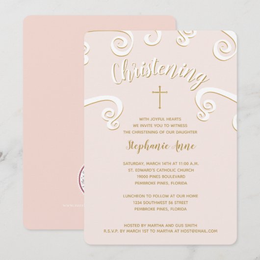 ピンクとゴールドの洗礼式スクロール 招待状 (正面/裏面)