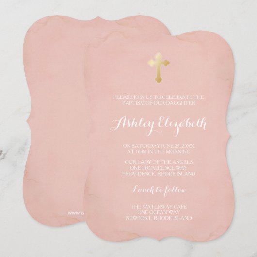 ピンクとゴールドの洗礼招待状 〜 偽のゴールド 招待状 (正面/裏面)