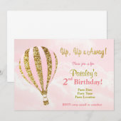 ピンクとゴールドの熱気球の誕生日招待状 招待状 (正面/裏面)