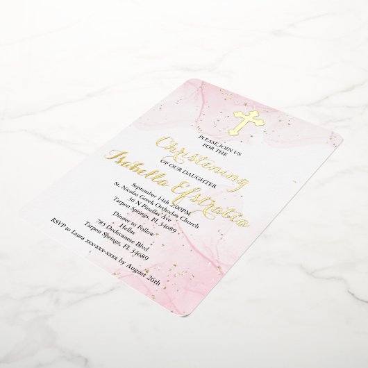 ピンクとゴールドの箔マーブル洗礼招待状 箔招待状 (回転した状態)