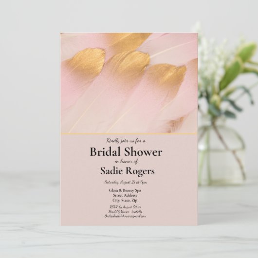 ピンクとゴールドの羽根 ブライダルシャワー 招待状 (スタンド正面)