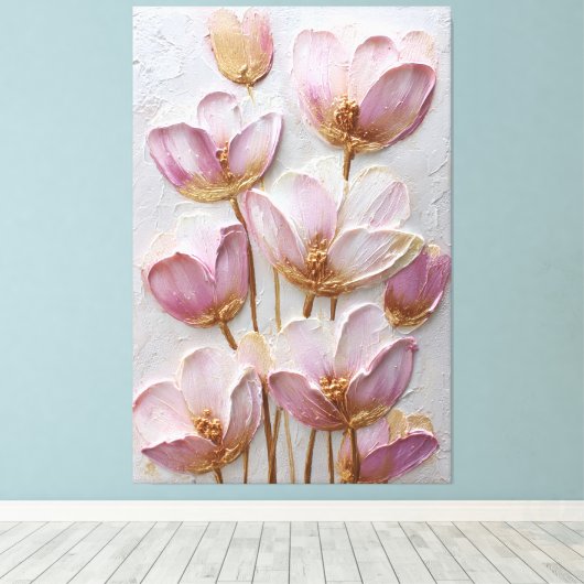 ピンクとゴールドの花のテクスチャ抽象壁画 キャンバスプリント (インサイチュ (ウッドフロア))