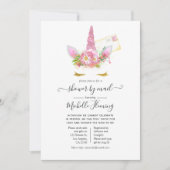 ピンクとゴールドの花のユニコーン ベビーシャワー by メール 招待状 (正面)