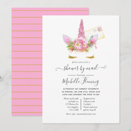 ピンクとゴールドの花のユニコーン ベビーシャワー by メール 招待状 (正面/裏面)