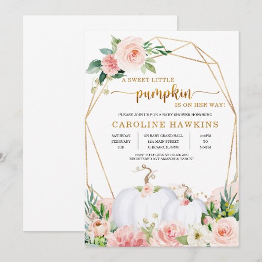 ピンクとゴールドの花の飾られたパンプキンの秋のベビーシャワー招待状 招待状 (正面/裏面)