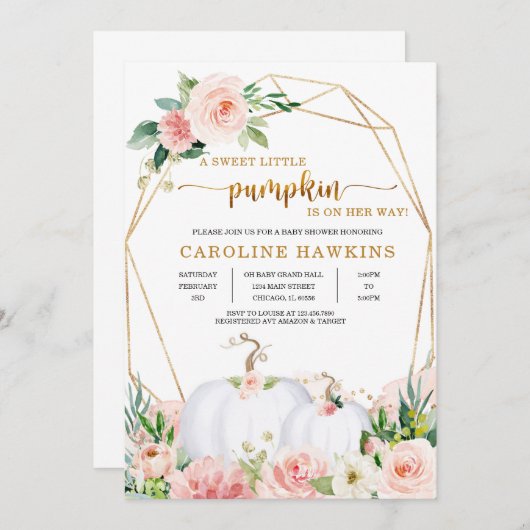 ピンクとゴールドの花の飾られたパンプキン 秋のベイビーシャワー招待状 招待状 (正面/裏面)