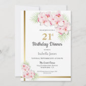 ピンクとゴールドの花の21歳の誕生日ディナーパーティー 招待状 (正面)