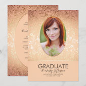 ピンクとゴールドの花をあしらったおしゃれな写真 卒業パーティー 招待状 (正面/裏面)