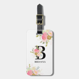 ピンクとゴールドの花束のモノグラム フラワー レター ラゲッジタグ