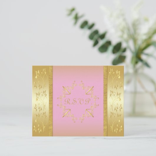 ピンクとゴールドの花柄の出欠確認カード 招待状 (スタンド正面)