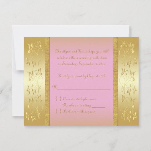 ピンクとゴールドの花柄の出欠確認カード 招待状 (裏面)