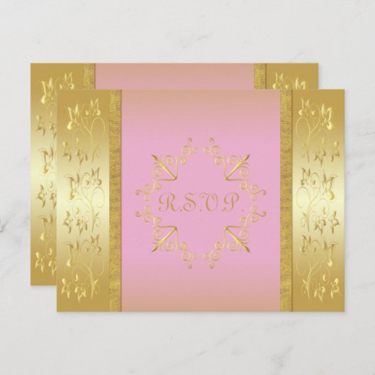 ピンクとゴールドの花柄の出欠確認カード 招待状 (正面/裏面)
