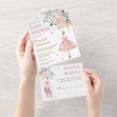ピンクとゴールドの花柄バレリーナベビーシャワー オールインワン招待状 (貼ってはがせる)