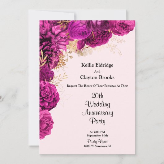 ピンクとゴールドの花柄 ウェディングアニバーサリーパーティー 招待状 (正面)