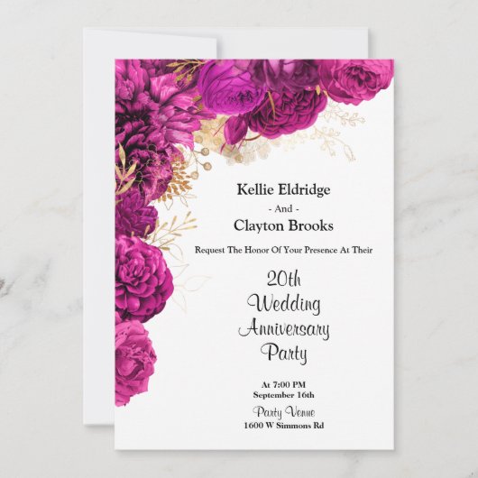 ピンクとゴールドの花柄 ウェディング アニバーサリー パーティー 招待状 (正面)