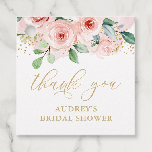 ピンクとゴールドの花柄、感謝の気持ちを伝えるタグ フェイバータグ (正面)