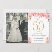 ピンクとゴールドの花柄 50周年記念 招待状 (正面)