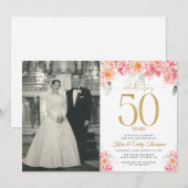 ピンクとゴールドの花柄 50周年記念 招待状 (正面/裏面)