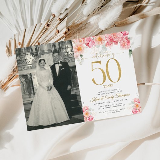ピンクとゴールドの花柄 50周年記念 招待状