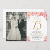 ピンクとゴールドの花柄 75周年記念 招待状 (正面/裏面)